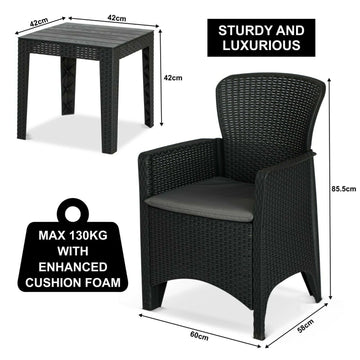 Olsen & Smith 3 Piece 2 Person Weatherproof Rattan Outdoor Garden Lawn Decking Patio Balcony Furniture Set, 2 Chairs and Cushions with 1 Table , Grey - Packed Direct UK